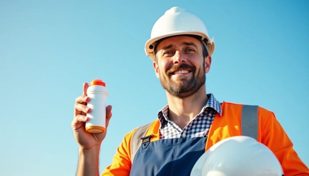 An Australian worker holding a prescription bottle and hard hat, symbolizing workplace drug testing.