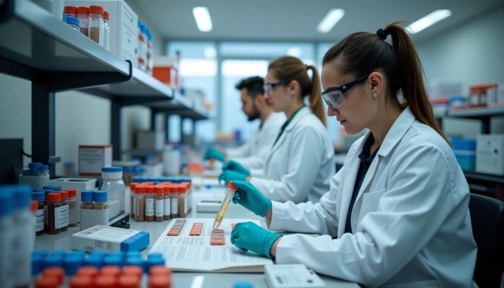 Technicians working on drug test samples in a busy laboratory.