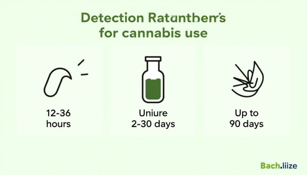 Infographic comparing cannabis detection windows in saliva, urine, and hair tests.