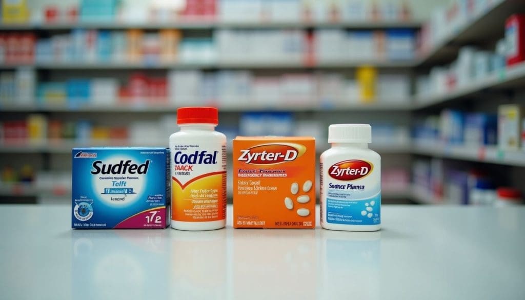 Common medications like Sudafed, Codral, and Zyrtec-D displayed on a pharmacist's counter.