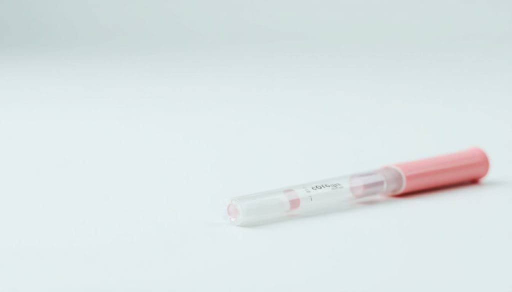 Close-up image of a drug test kit with a test strip on a neutral background.