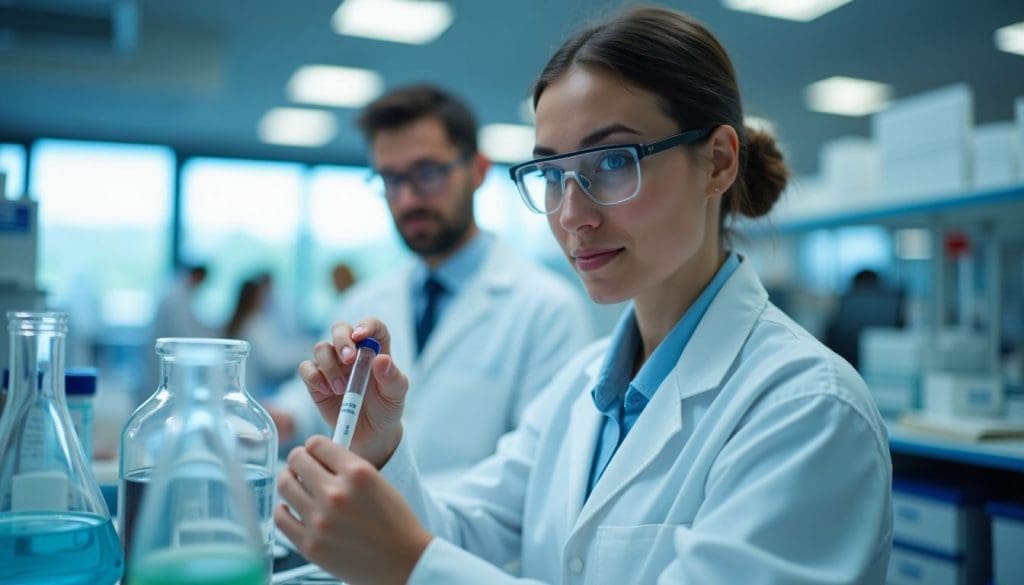 A modern lab setup for drug testing with a scientist analyzing a sample.