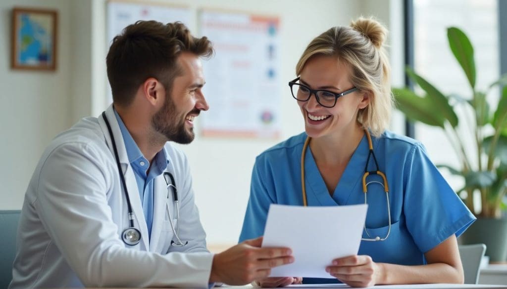 Healthcare professional explaining drug test results in an Australian clinic.