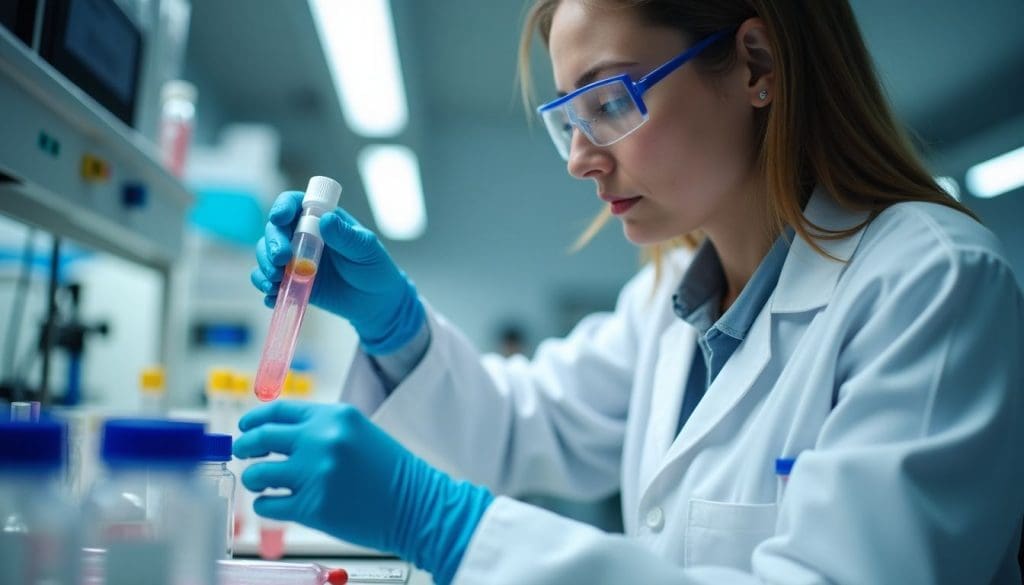 Lab technician analyzing a urine sample in a laboratory.