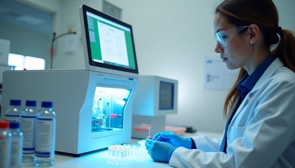 Laboratory technician analyzing urine samples with advanced equipment for accurate drug testing.