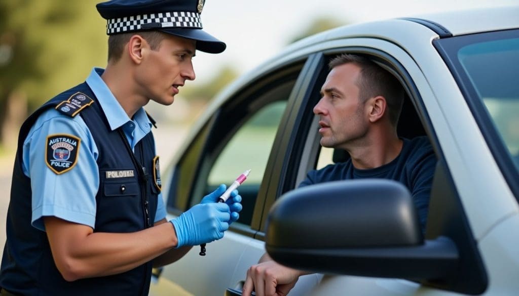 Police officer conducting a roadside saliva drug test in Australia.