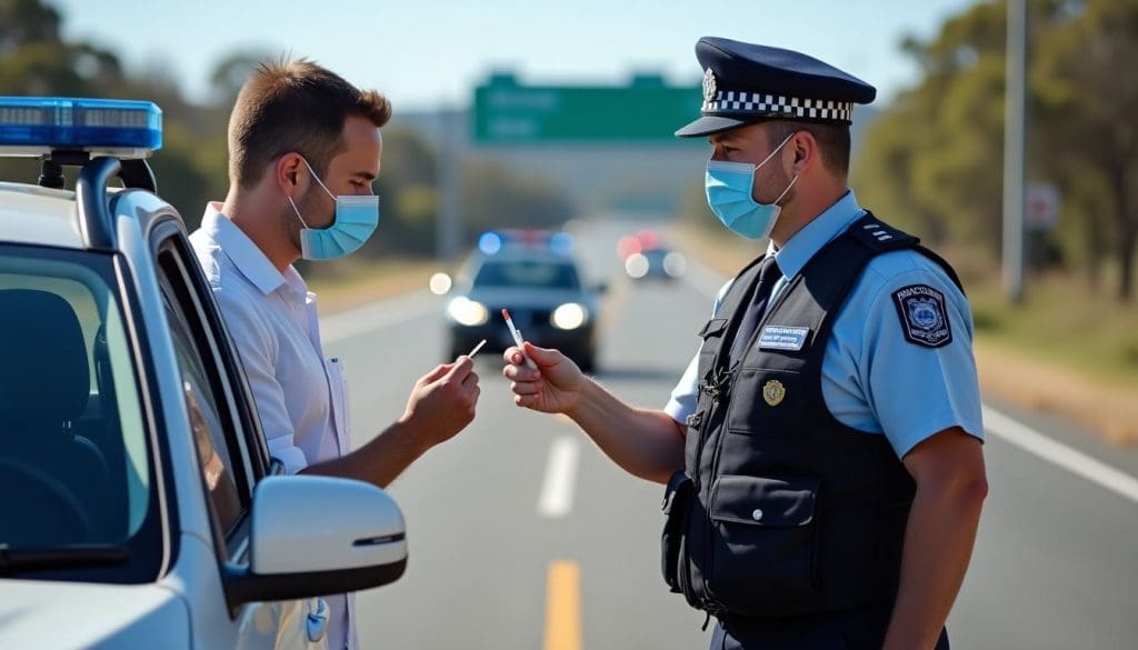 Australian police officer conducting a roadside saliva drug test with a driver