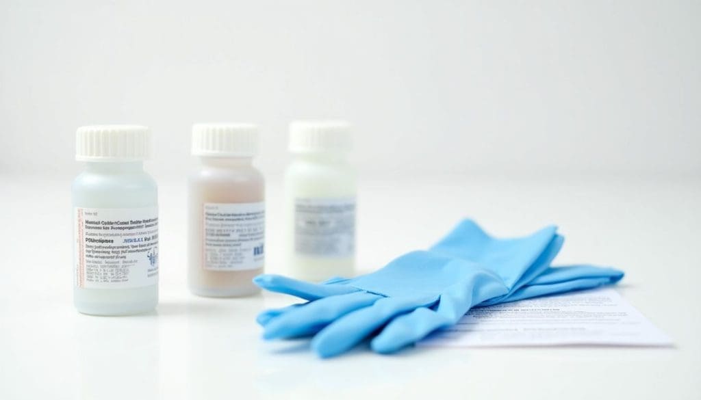 A urine sample collection kit with bottles, gloves, and instructions.