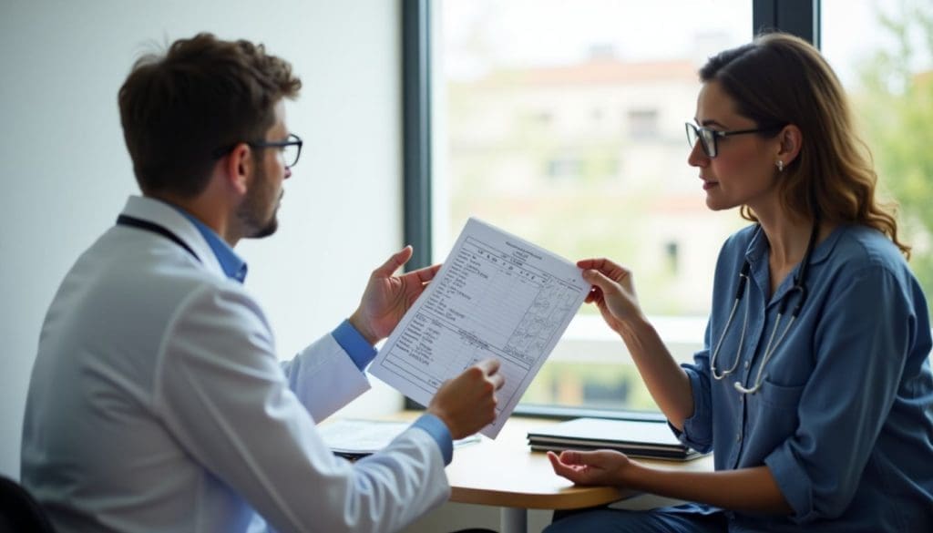 Doctor explaining drug test results to a patient with a chart in a consultation room.