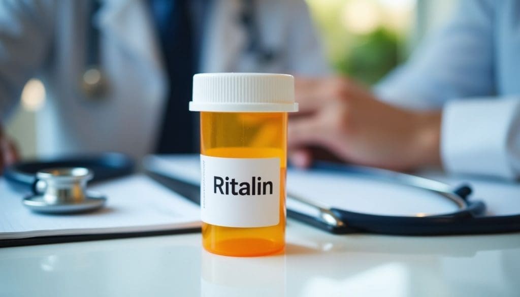 Prescription bottle of Ritalin on a desk with a stethoscope and doctor’s notes