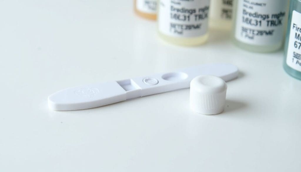 Urine drug testing kit on a white surface, showing the test strip and vials.